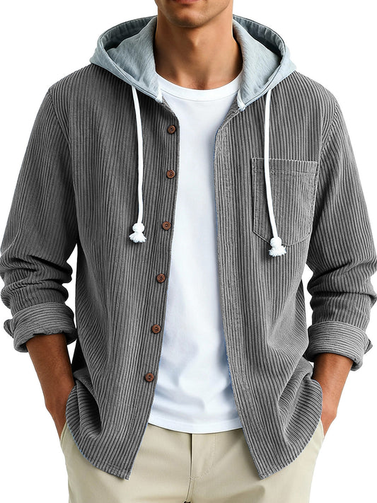 Men's Fashion Vintage Stitching Pit Strip Long Sleeve Pocket Hooded Shirt