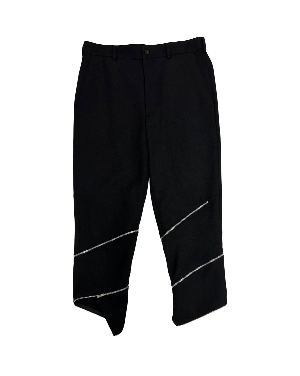 Black CDG asymmetric hem zipper pants