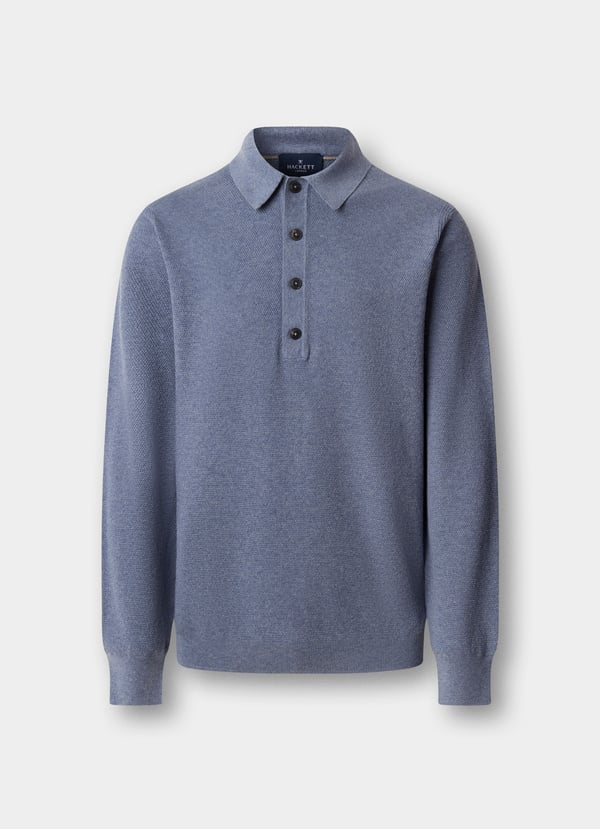 Merino Wool Textured Long Sleeve Knitted Polo