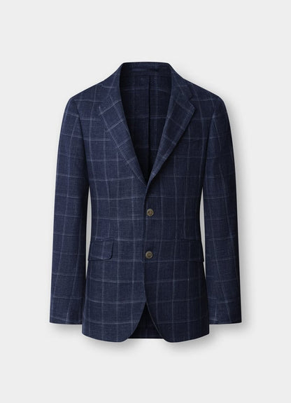 Linen-Cotton Windowpane Check Blazer