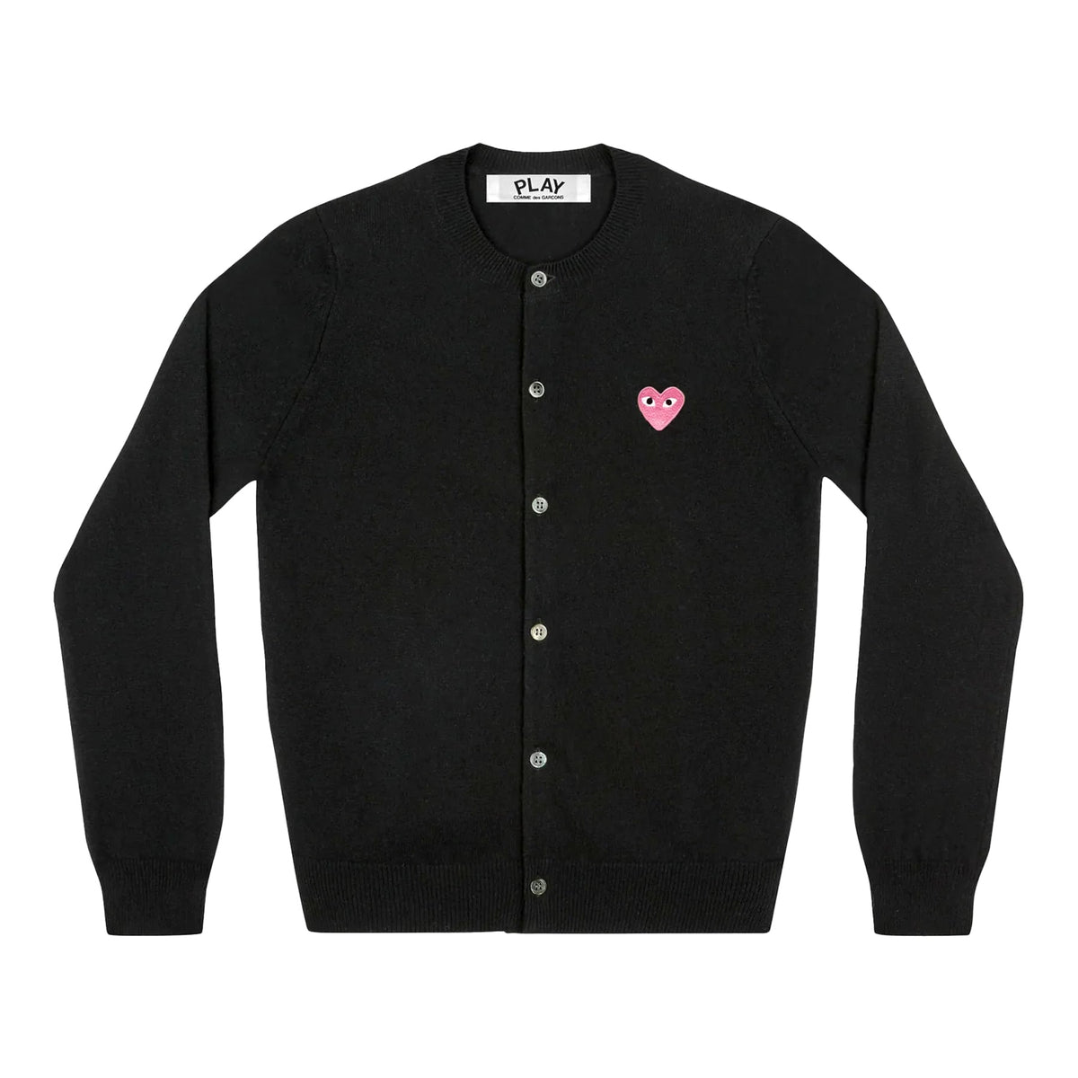 CDG PLAY Crewneck Cardigan ¨C Black, Small Pink Heart